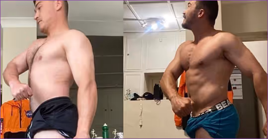 Before and after side-view physique comparison showing reduced body fat and improved muscle definition