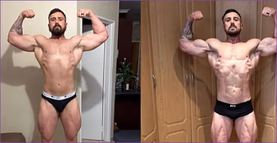 Before and after full-body physique comparison demonstrating increased muscle size and conditioning