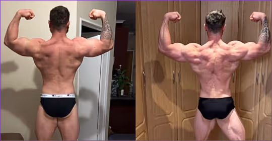 Before and after back double biceps comparison showing increased back width and muscular detail