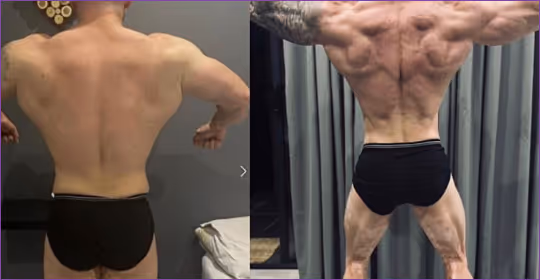 Before and after physique comparison showing significant fat loss and arm muscle development