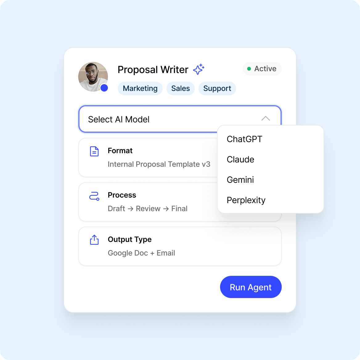 User interface panel titled Proposal Writer with tags Marketing, Sales, Support; dropdown to select AI model showing options ChatGPT, Claude, Gemini, Perplexity; sections for Format, Process, Output Type; and a Run Agent button.