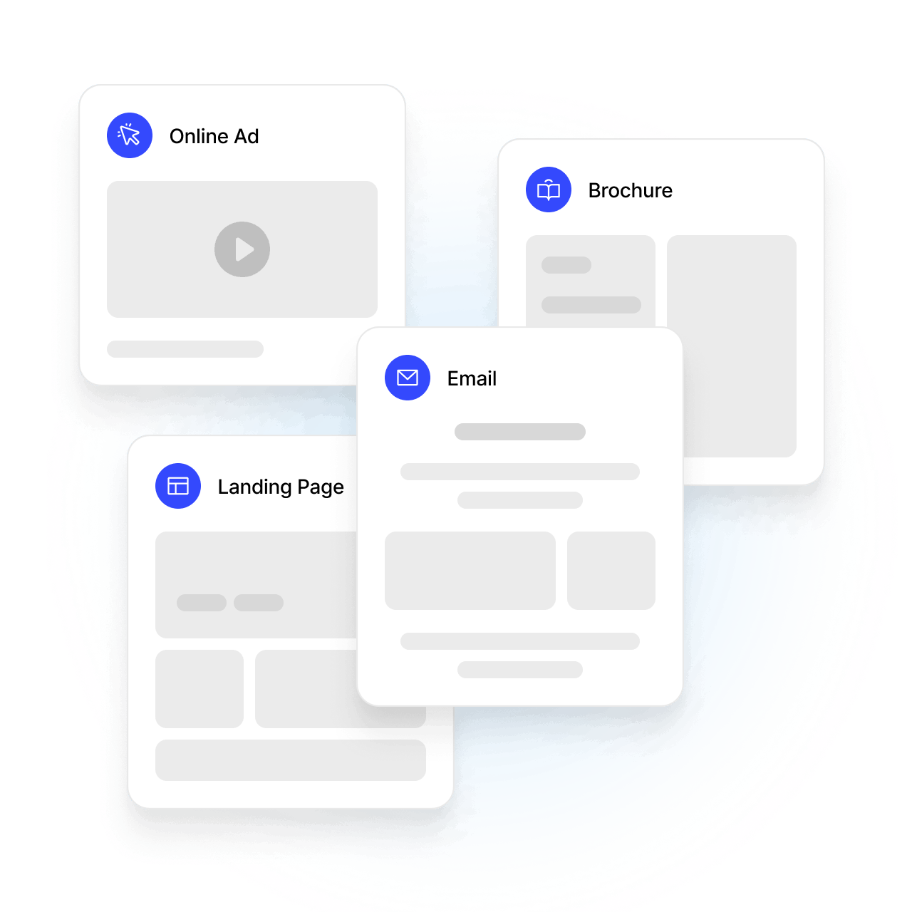 Diagram with three connected elements arranged in a circular flow around a central icon of three people; includes two rectangular cards and one square logo with stylized person.