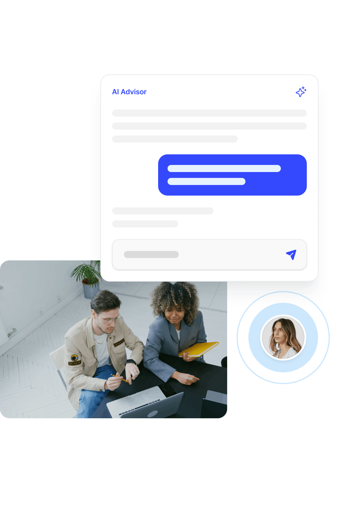 Two people sitting at a table looking at a laptop while a chat interface labeled AI Advisor is displayed above them with a profile photo of a woman.