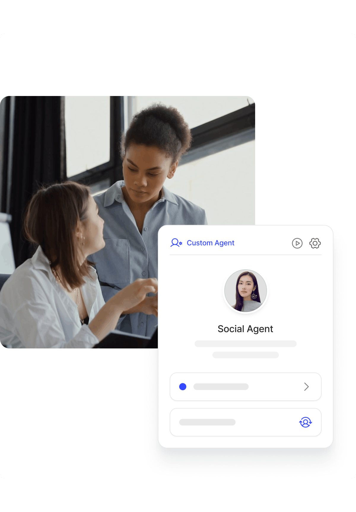 Two women having a discussion, with a digital interface overlay showing a 'Social Agent' user profile.