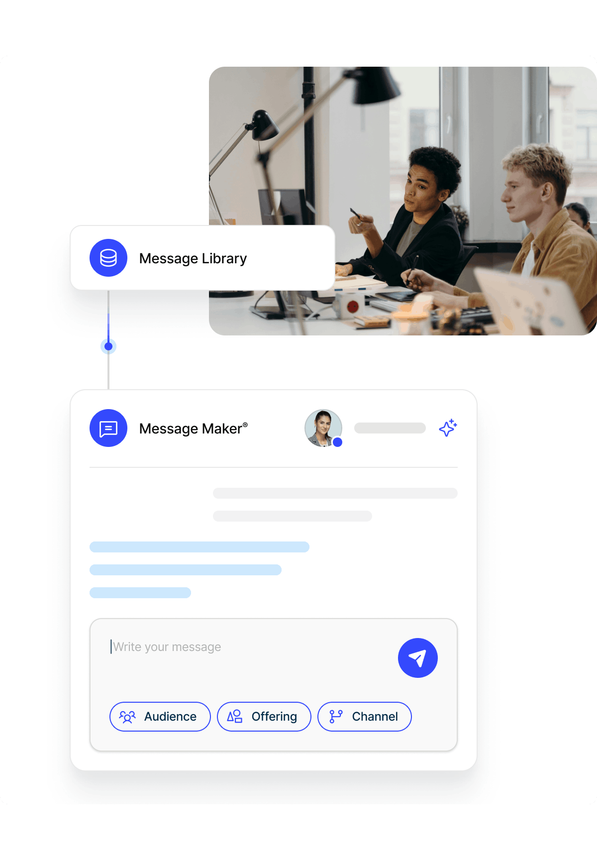 Two people in a modern office discussing with a message library and message maker interface overlay showing options for audience, offering, and channel.