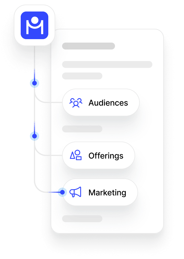Diagram showing a flow from a blue icon with a stylized person to three labeled sections: Audiences, Offerings, and Marketing, each with relevant icons.