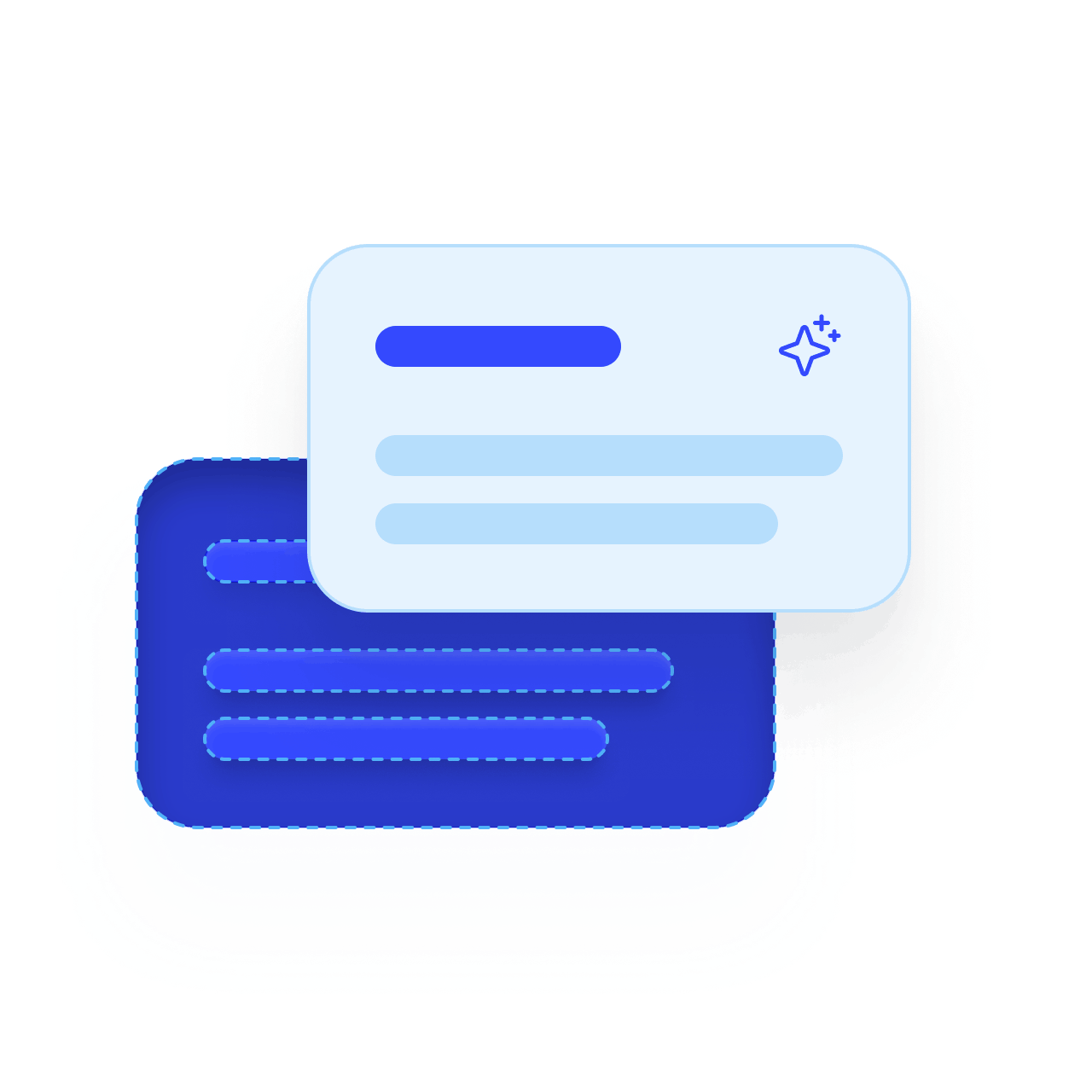 Illustration of two overlapping message or chat bubbles, one light blue with a sparkle icon and the other dark blue with lines representing text.