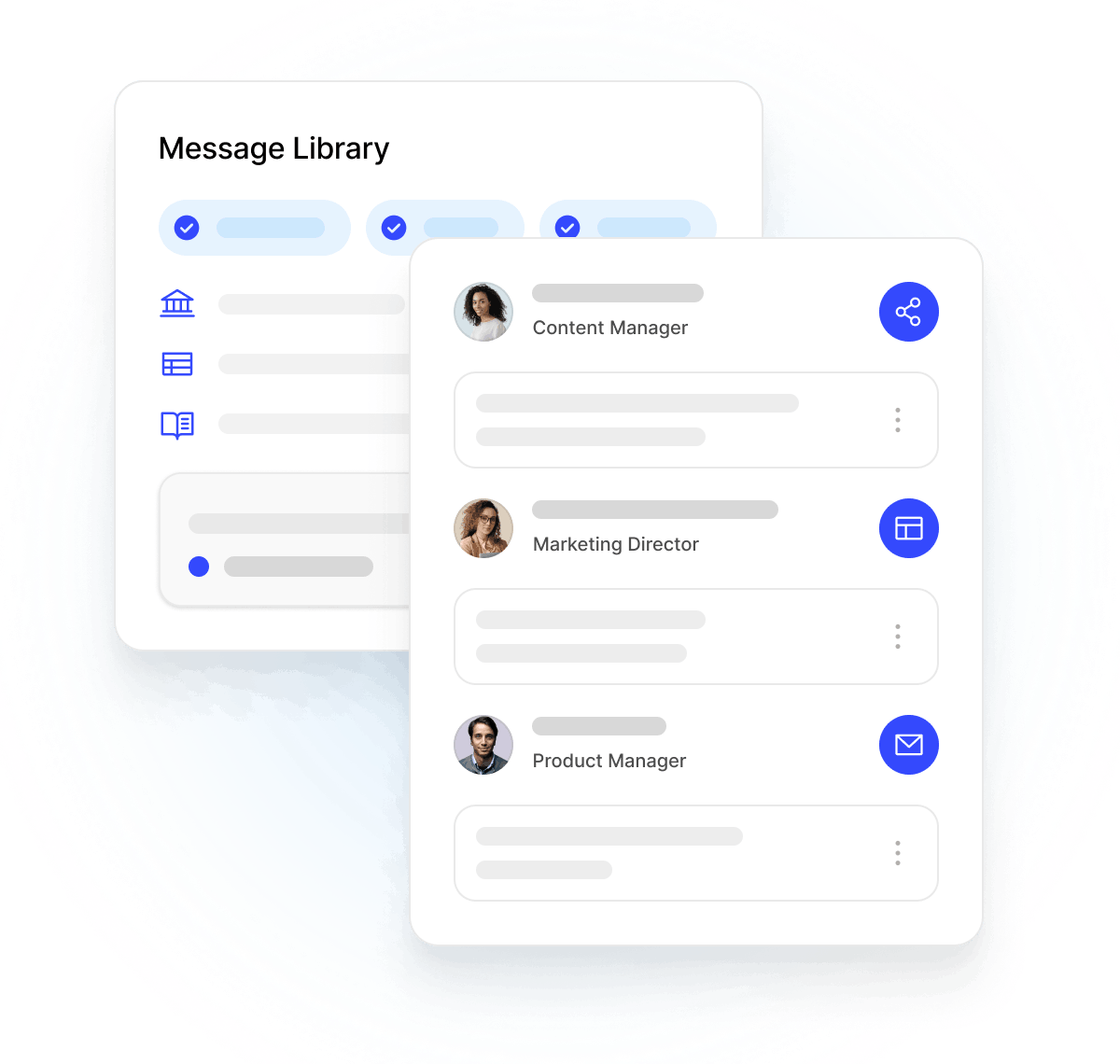 User interface showing a message library and a contact list with roles: Content Manager, Marketing Director, and Product Manager, each with profile pictures and action icons.
