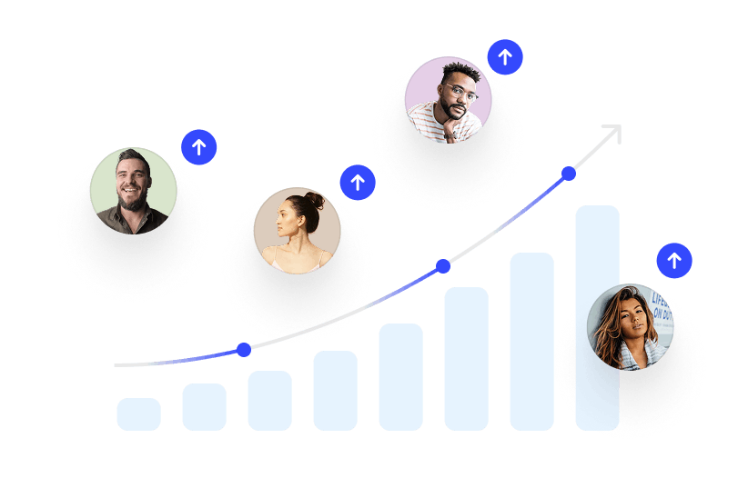 Bar chart with increasing bars connected by an upward trending line, featuring four diverse people near the bars with upward arrows.