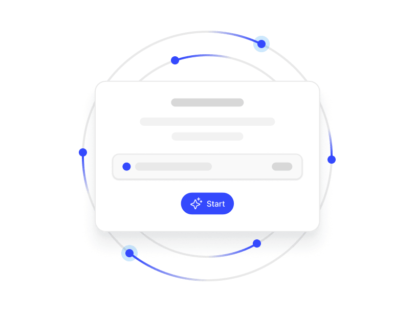 White UI panel with blurred text fields and a blue Start button, surrounded by rotating blue and white orbiting dots and lines.