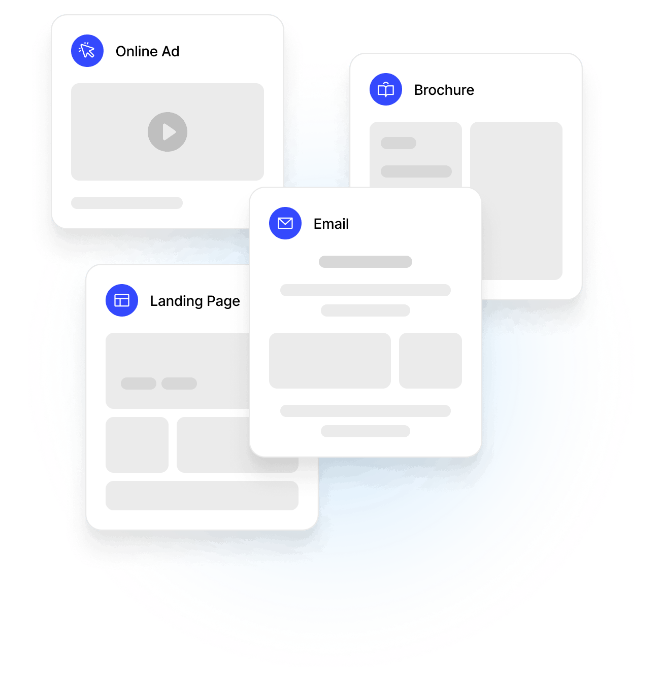Four white cards labeled Online Ad, Brochure, Landing Page, and Email with corresponding icons and placeholder content.