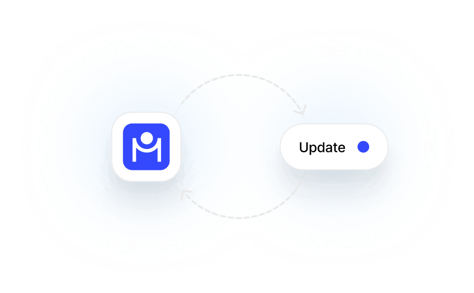 Icon with a stylized person on the left connected by circular arrows to a rounded rectangular button labeled 'Update' with a blue dot on the right.