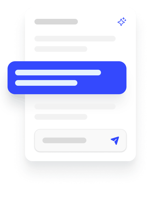Stylized chat interface with multiple gray message lines, one blue highlighted message, and a send button with a paper plane icon.