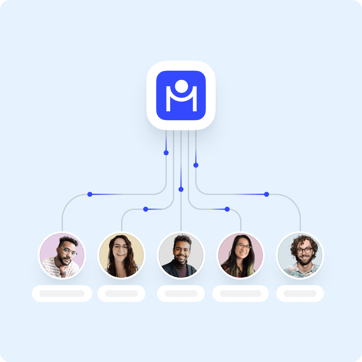 Five diverse individual portraits connected by lines to a central blue app icon with a stylized white person symbol, symbolizing network or team connection.