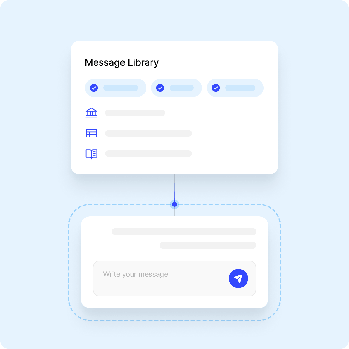 User interface showing a Message Library with three categories and a message input box with a send button below it.