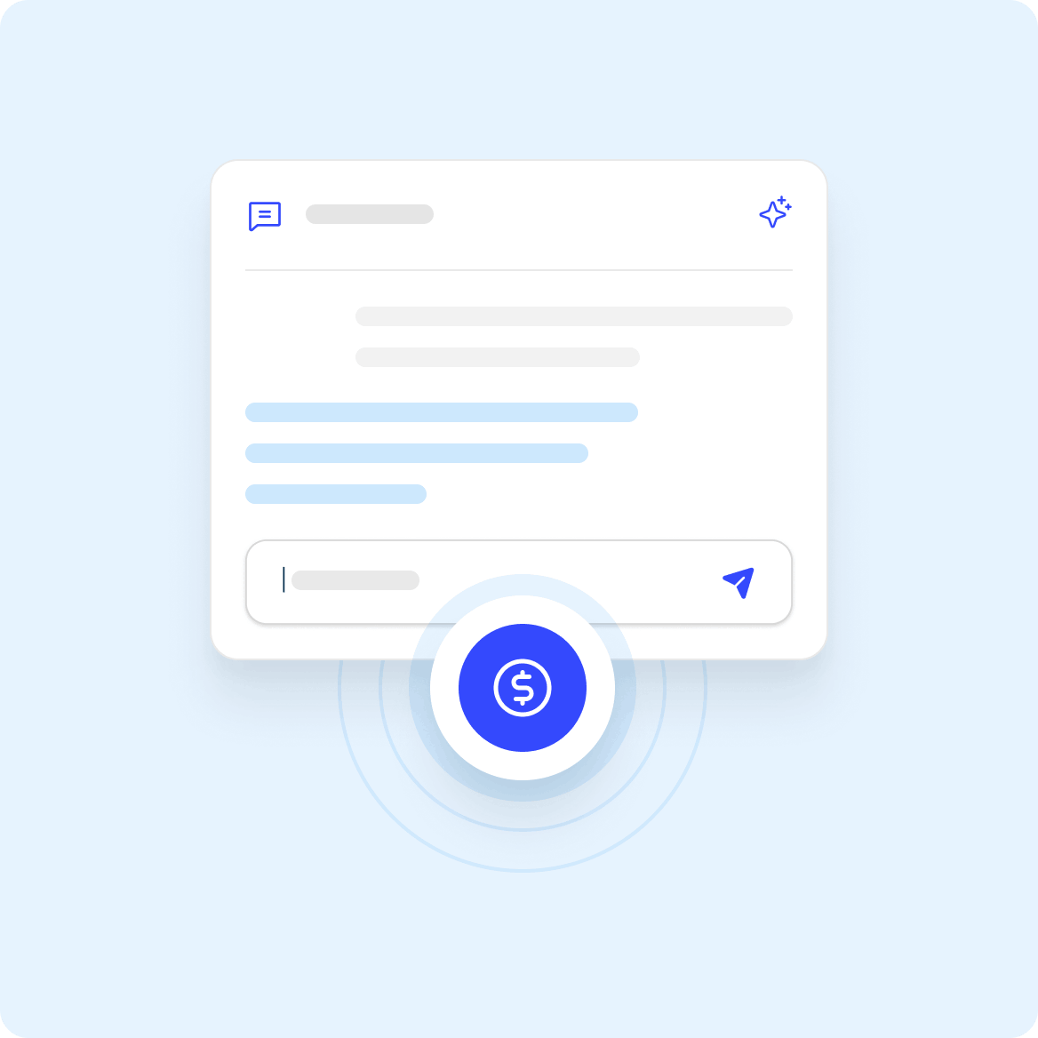 Chat interface with a message input box and a blue dollar sign icon below indicating payment or transaction feature.