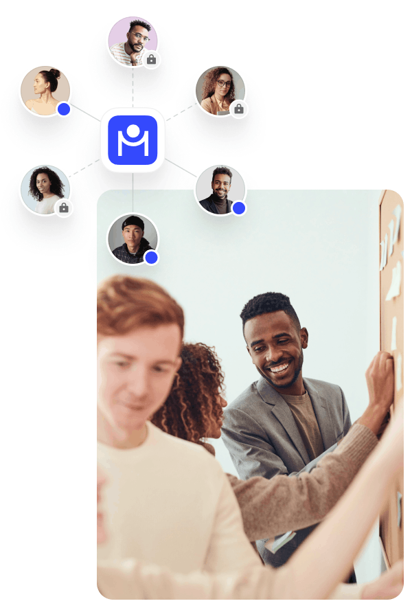 A group of diverse colleagues collaborating and smiling near a whiteboard with networked profile pictures and icons above.