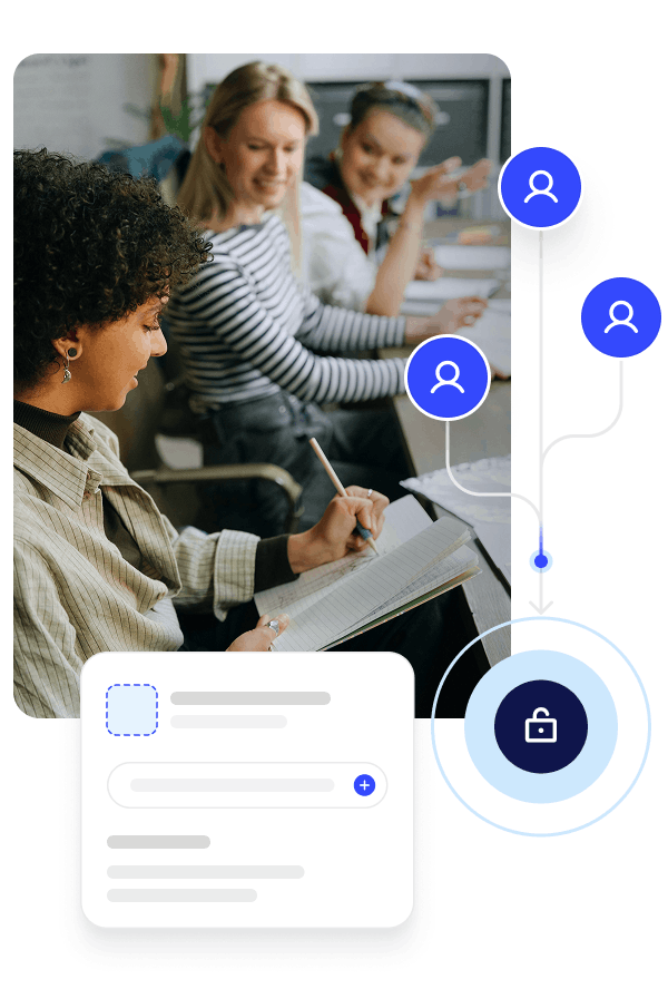 Three women collaborating at a table with notes, overlaid with icons representing user connections and a central unlocked padlock symbol.