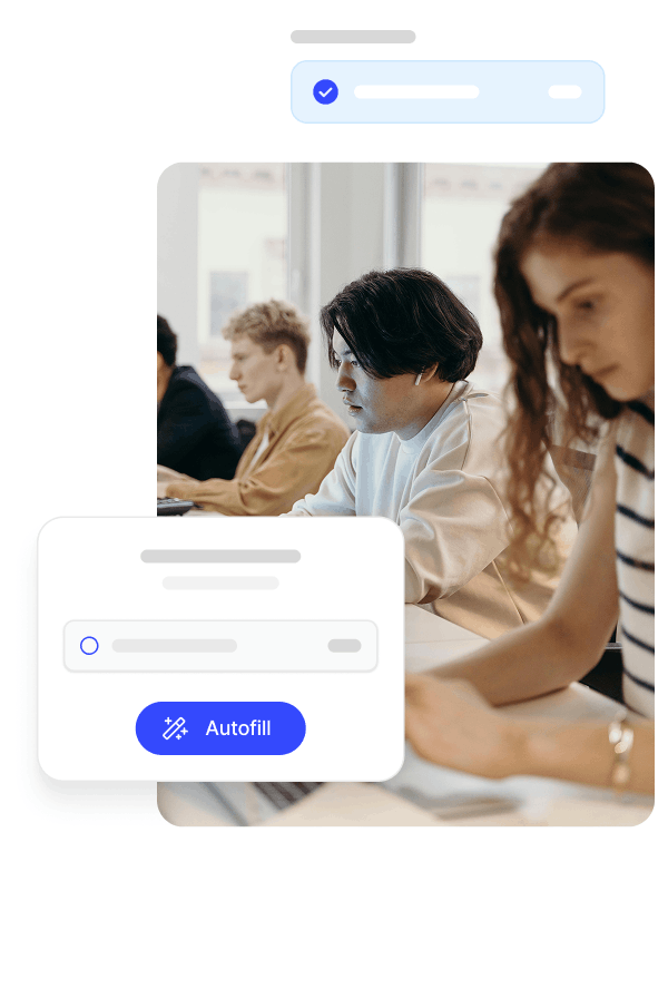 Three people sitting in a row working on laptops, with a digital interface overlay showing a selected option and an Autofill button.