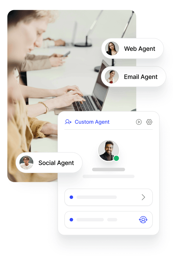 People working on laptops with labeled icons for Web Agent, Email Agent, Social Agent, and a Custom Agent chat interface showing a user's profile and conversation options.
