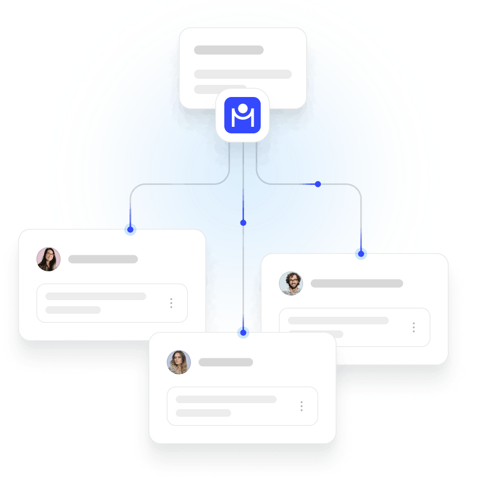 Diagram showing a central icon connected by lines to four text boxes, each containing a profile picture and blurred text.
