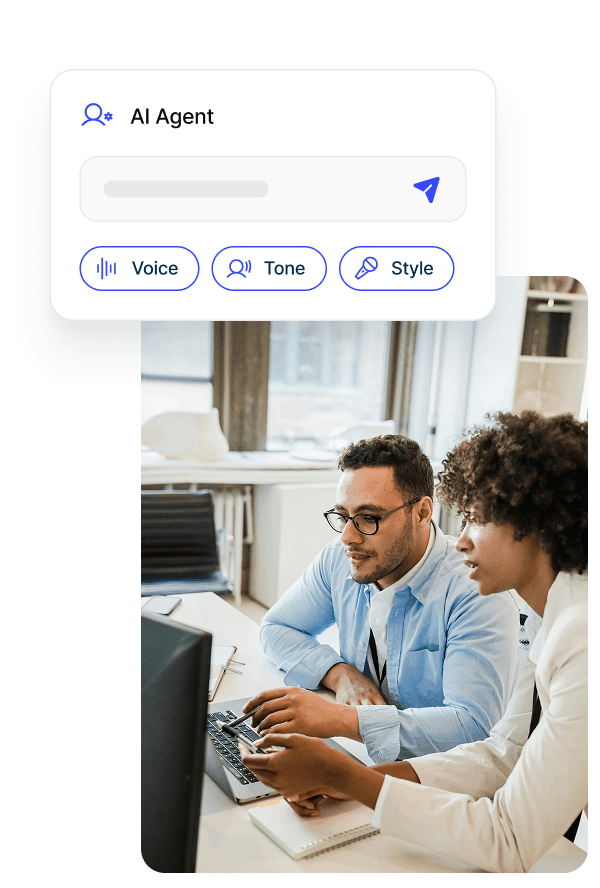 Two colleagues collaborating at a desk with a laptop in a bright office, above an AI Agent interface showing options for Voice, Tone, and Style.