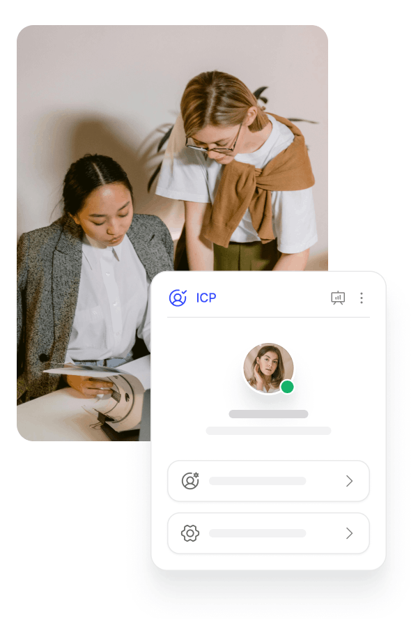 Two women collaborate over documents at a table, partially overlaid by a mobile interface showing a user profile with settings options.