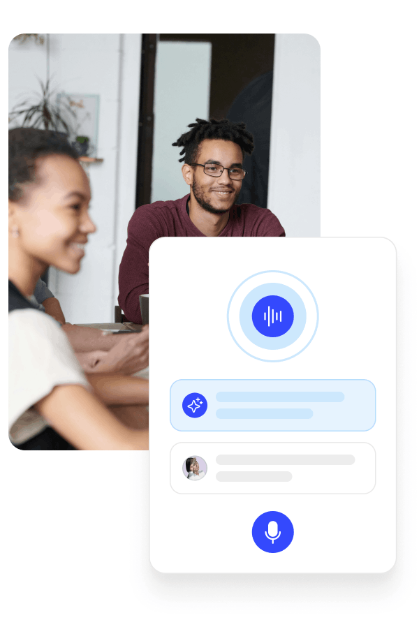 Two people smiling and sitting at a table in a casual indoor setting with a digital interface overlay showing a voice recording and chat icons.