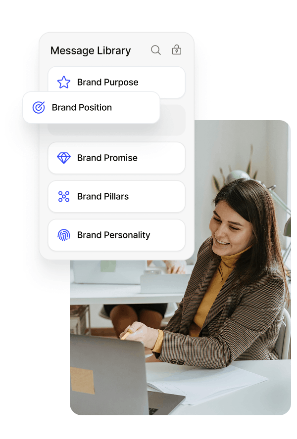 Smiling woman sitting at a desk working on a laptop with an overlay of a message library menu showing brand-related options.
