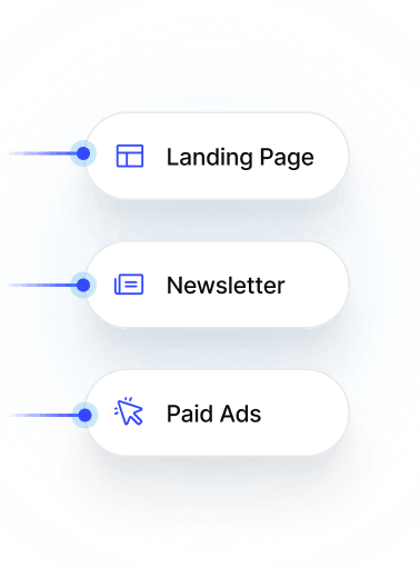 Three white rounded rectangular buttons labeled Landing Page, Newsletter, and Paid Ads, each with a corresponding blue icon on the left.