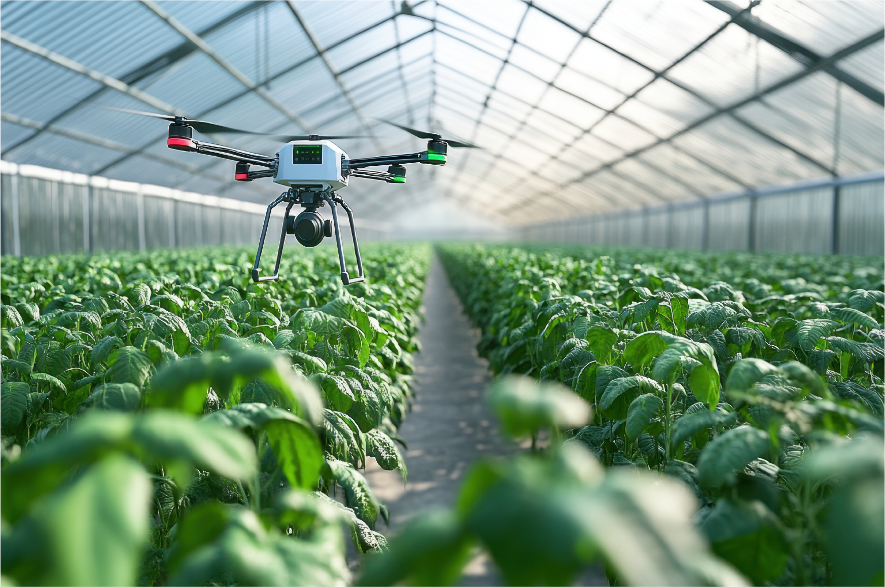 Drone monitoring crops inside a greenhouse