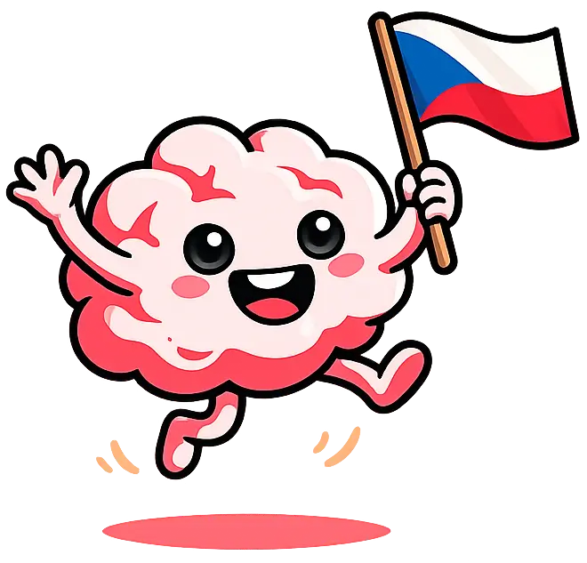 A cute pink brain character waving a Czech flag.