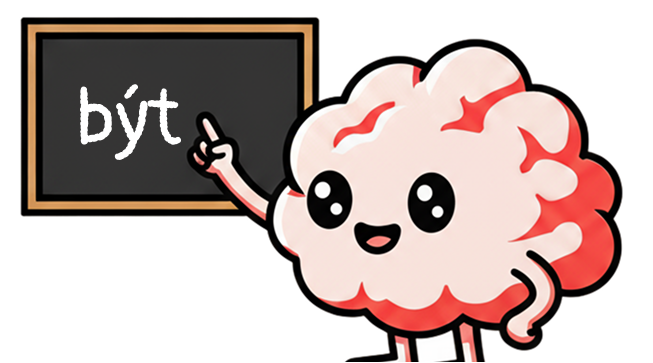 A brain character holding the czech letter "ř" and smiling.