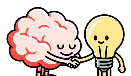 A brain character holding the czech letter "ř" and smiling.