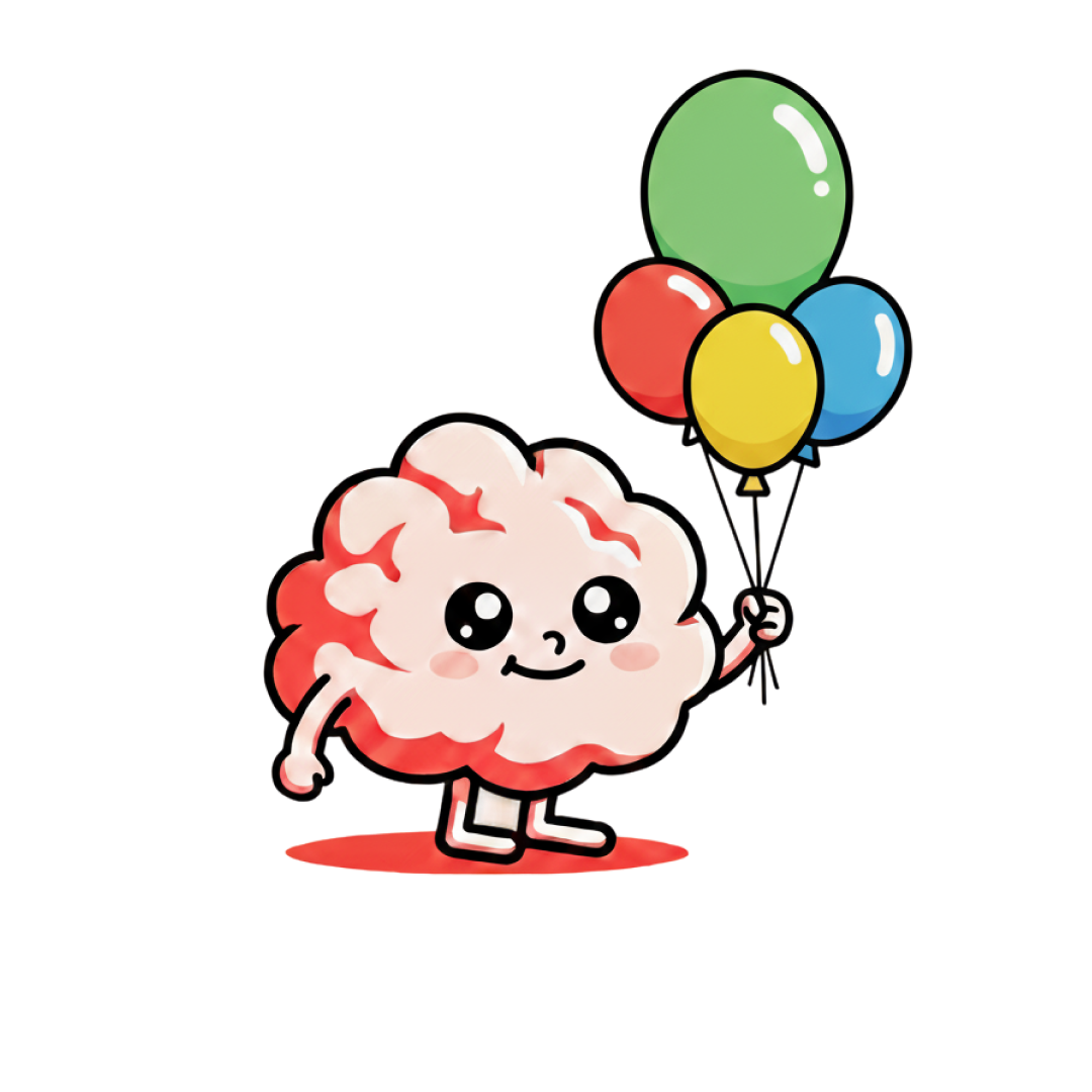 A cute pink brain character holding 4 colorful baloons