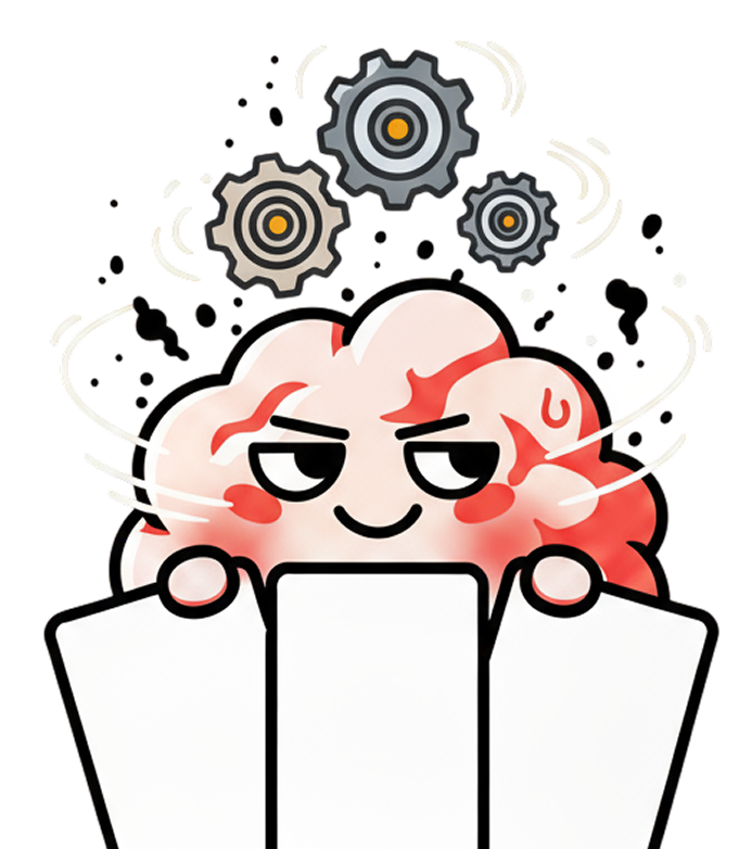 A pink brain character with mechanical wheels around their head holding white cards.