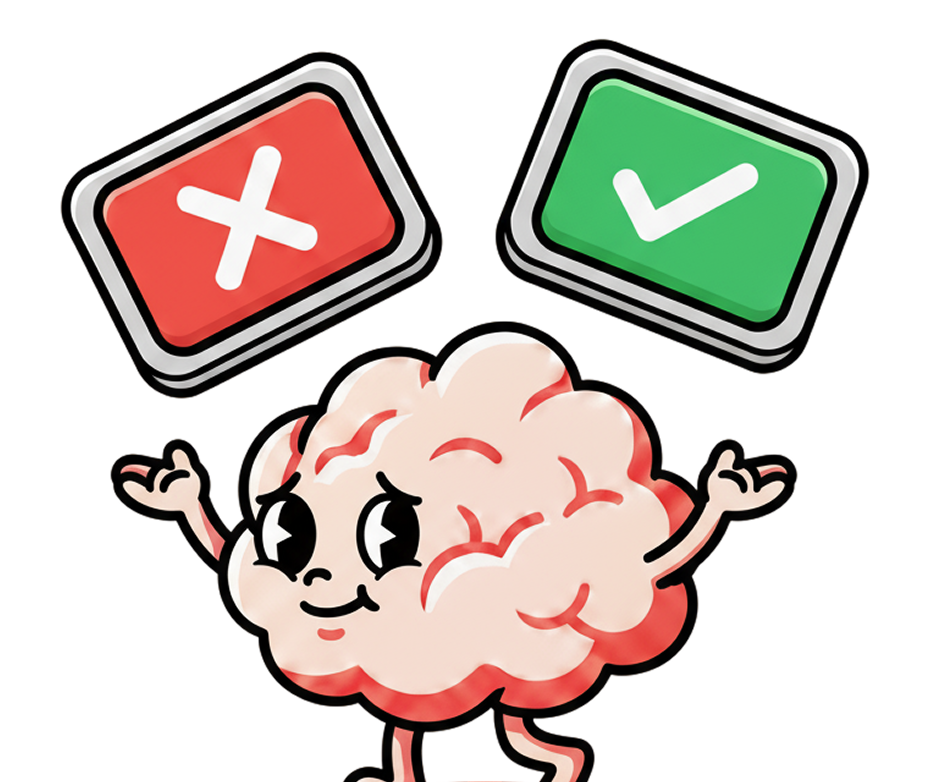 A pink brain character with mechanical wheels around their head holding white cards.