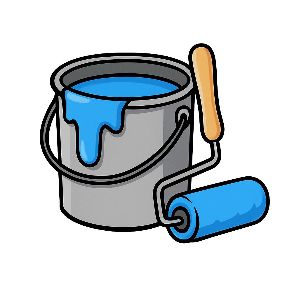 A bucket and roller with blue paint