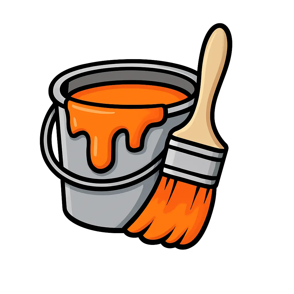 A bucket and brush with orange paint