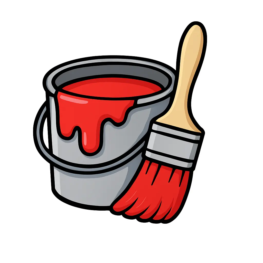 A bucket and brush with red paint
