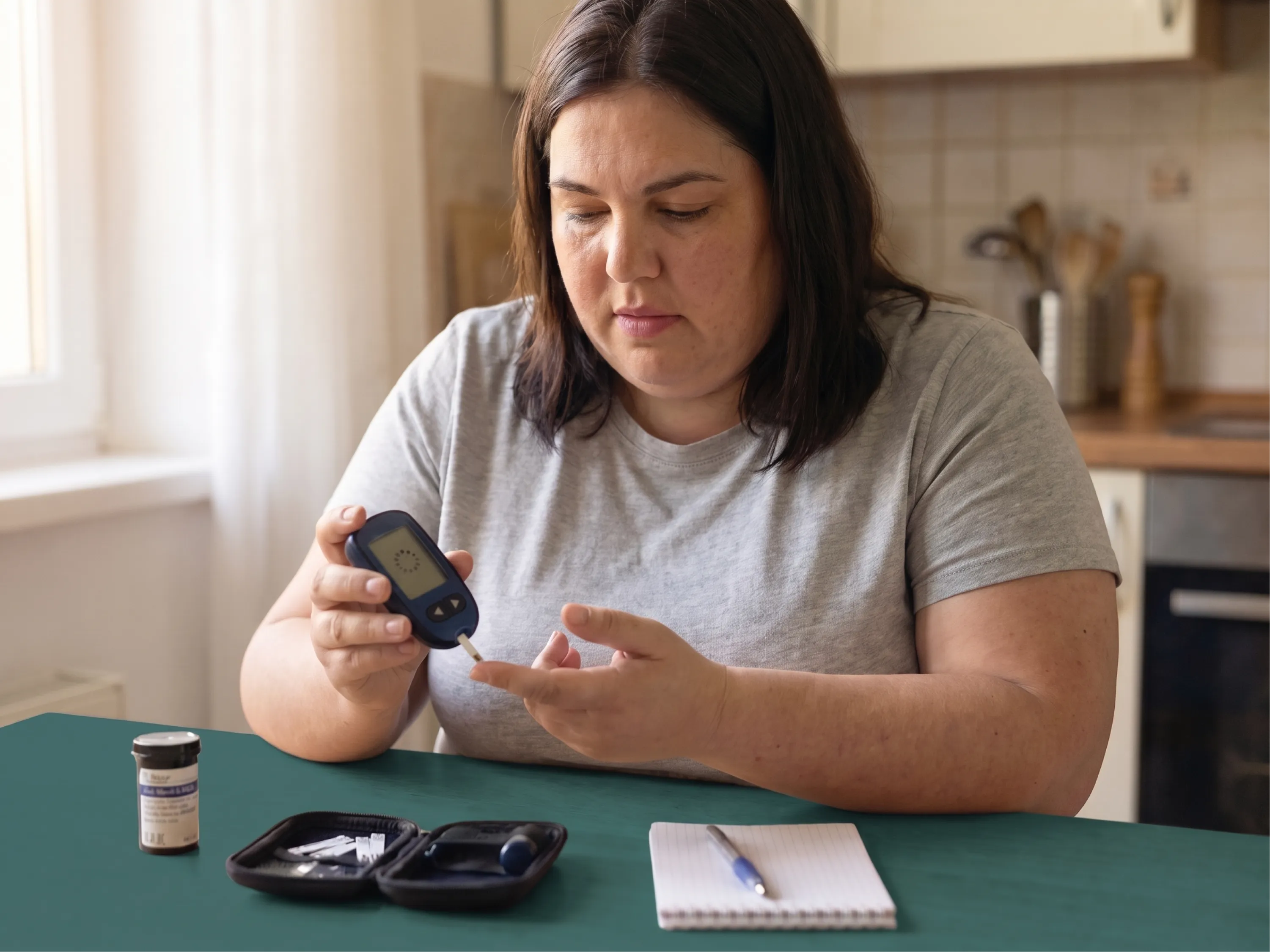 Femme en surpoids mesurant sa glycémie à domicile pour surveiller son diabète.
