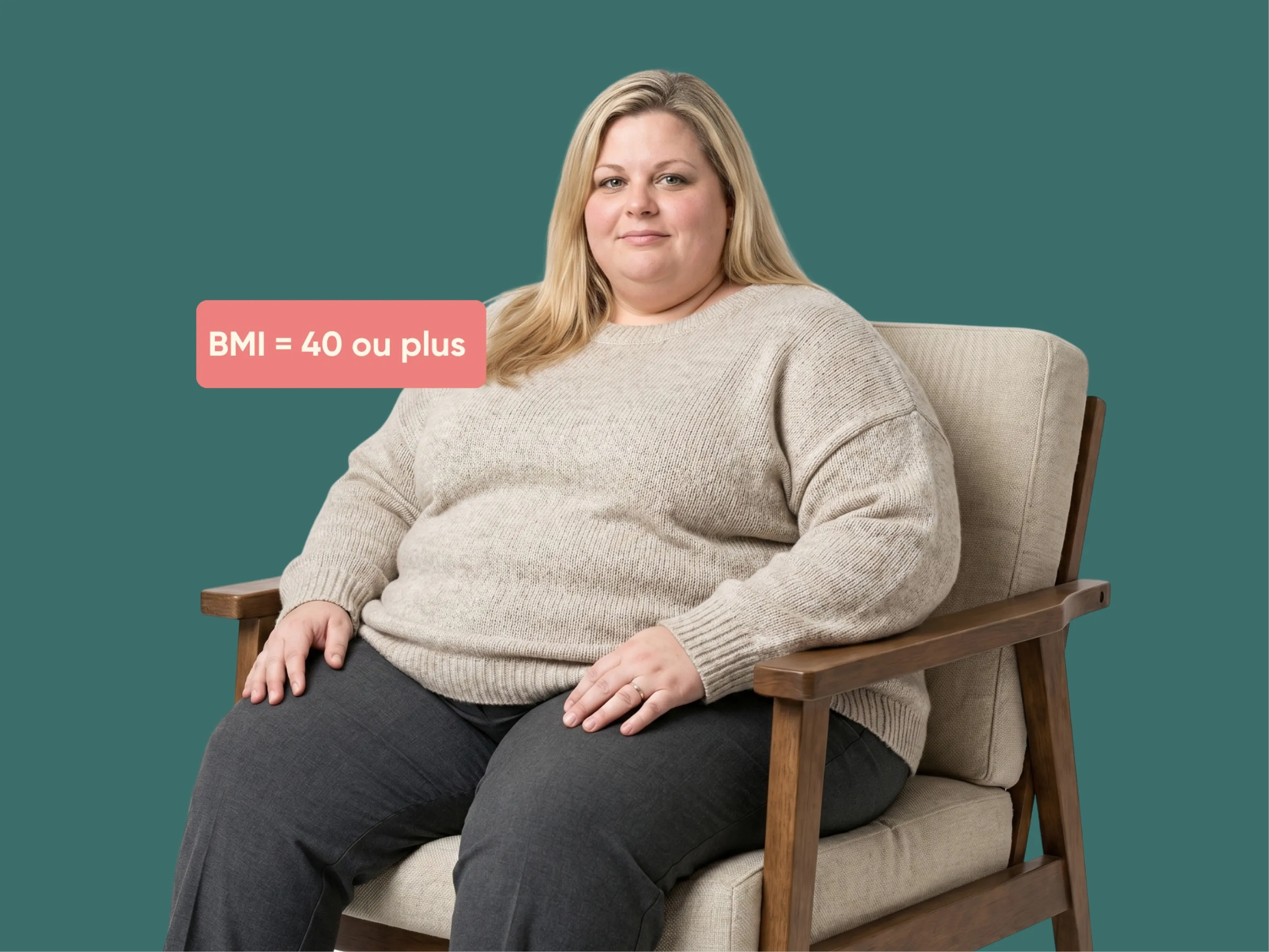 Femme assise dans un fauteuil illustrant l’obésité morbide, définie par un IMC de 40 ou plus.