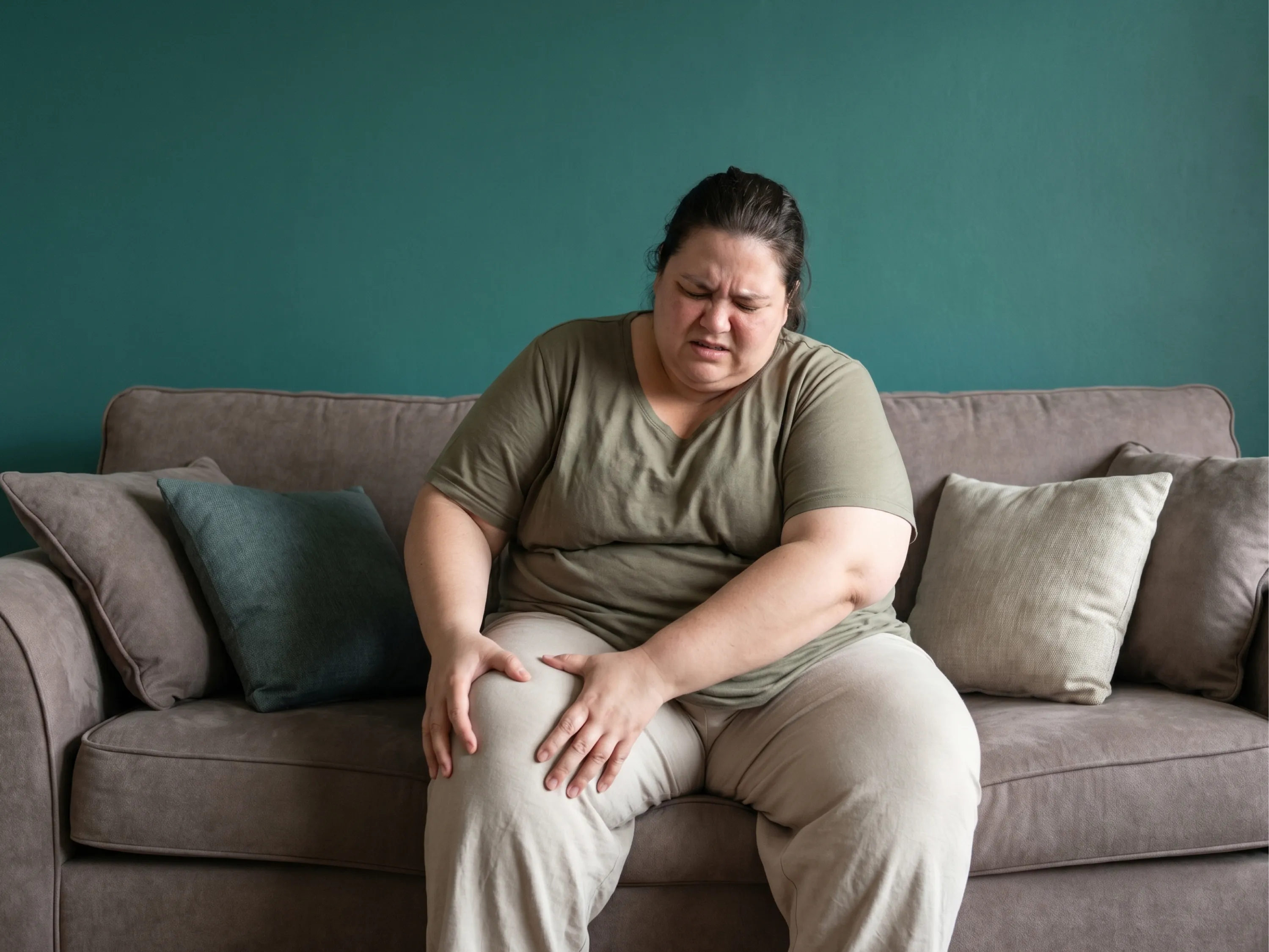 Une femme en surpoids est assise sur un canapé et se tient le genou en raison de douleurs liées à l’arthrose.