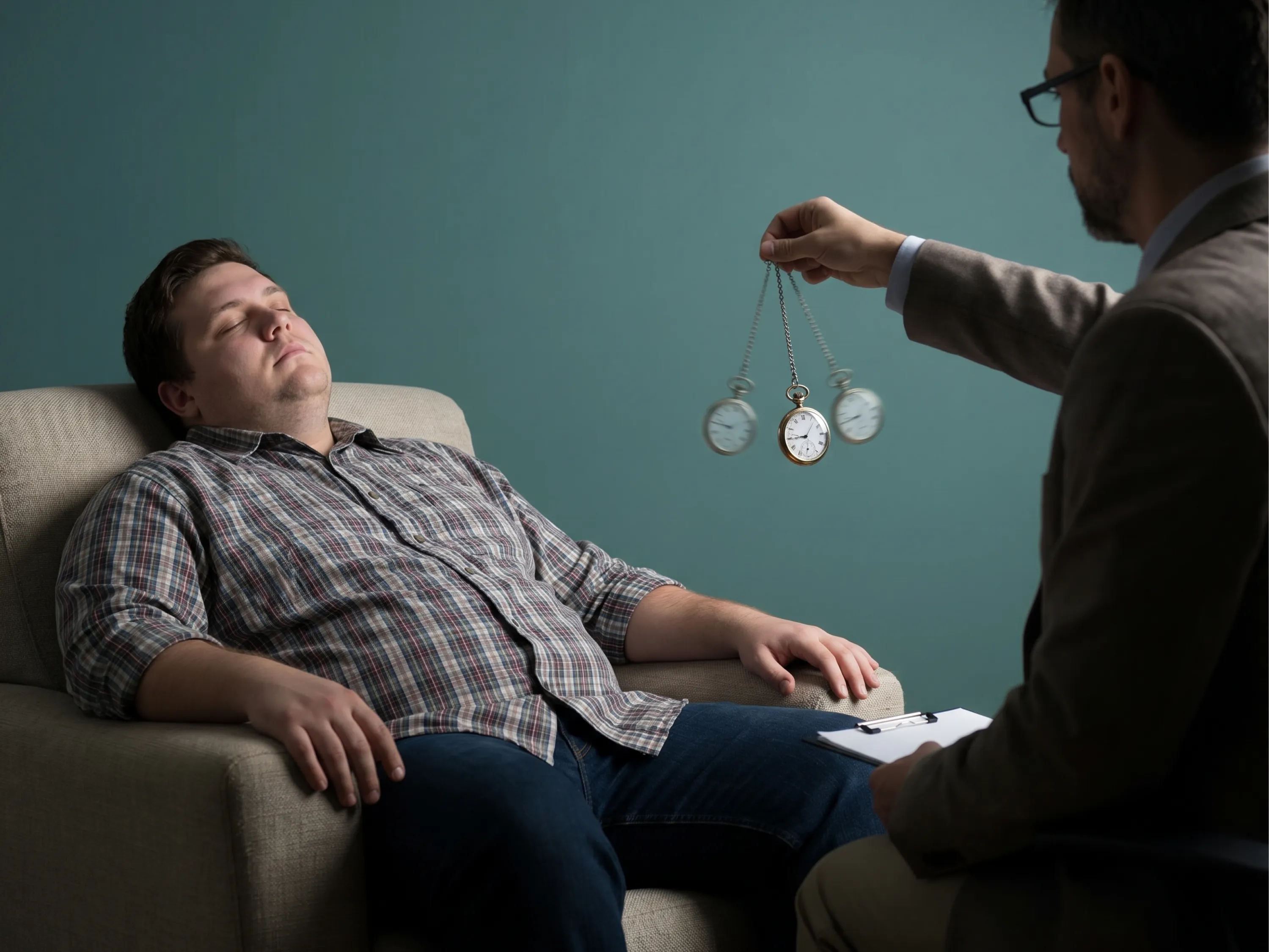 Un homme en surpoids est assis dans un fauteuil pendant une séance d’hypnose visant à favoriser la perte de poids.
