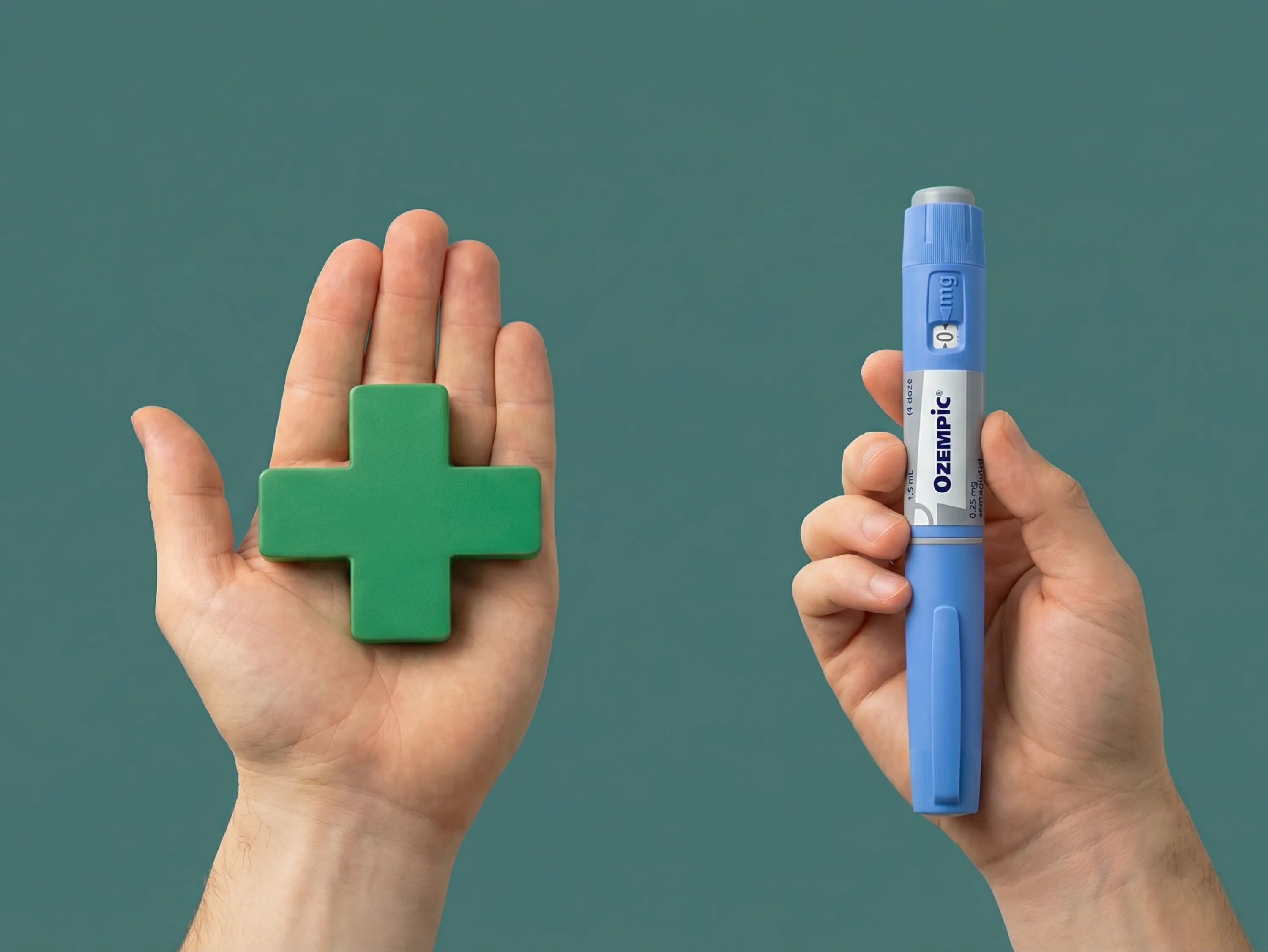 Deux mains tenant un symbole médical vert et un stylo injecteur Ozempic, illustrant le remboursement du médicament Ozempic.