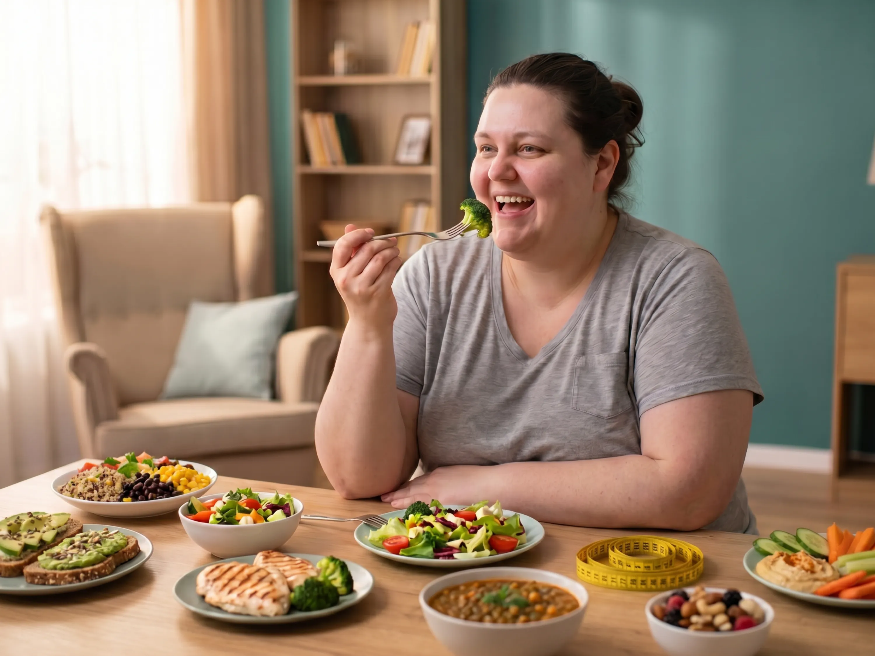 Femme en surpoids mangeant du brocoli à table, entourée de plats équilibrés pour perdre du poids grâce à une alimentation adaptée.
