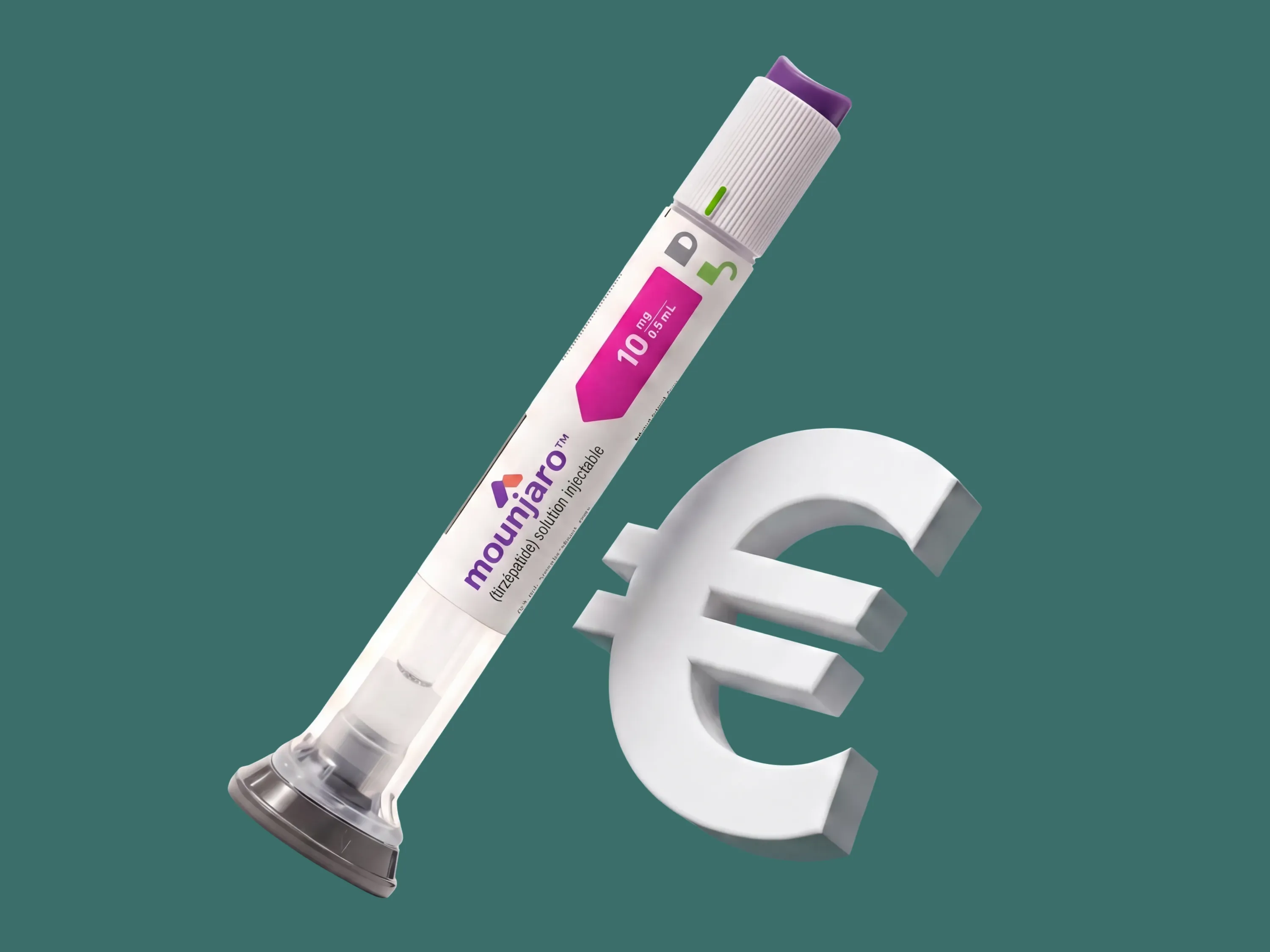 Stylo injecteur Mounjaro 10 mg/0,5 mL et symbole euro sur fond vert foncé.