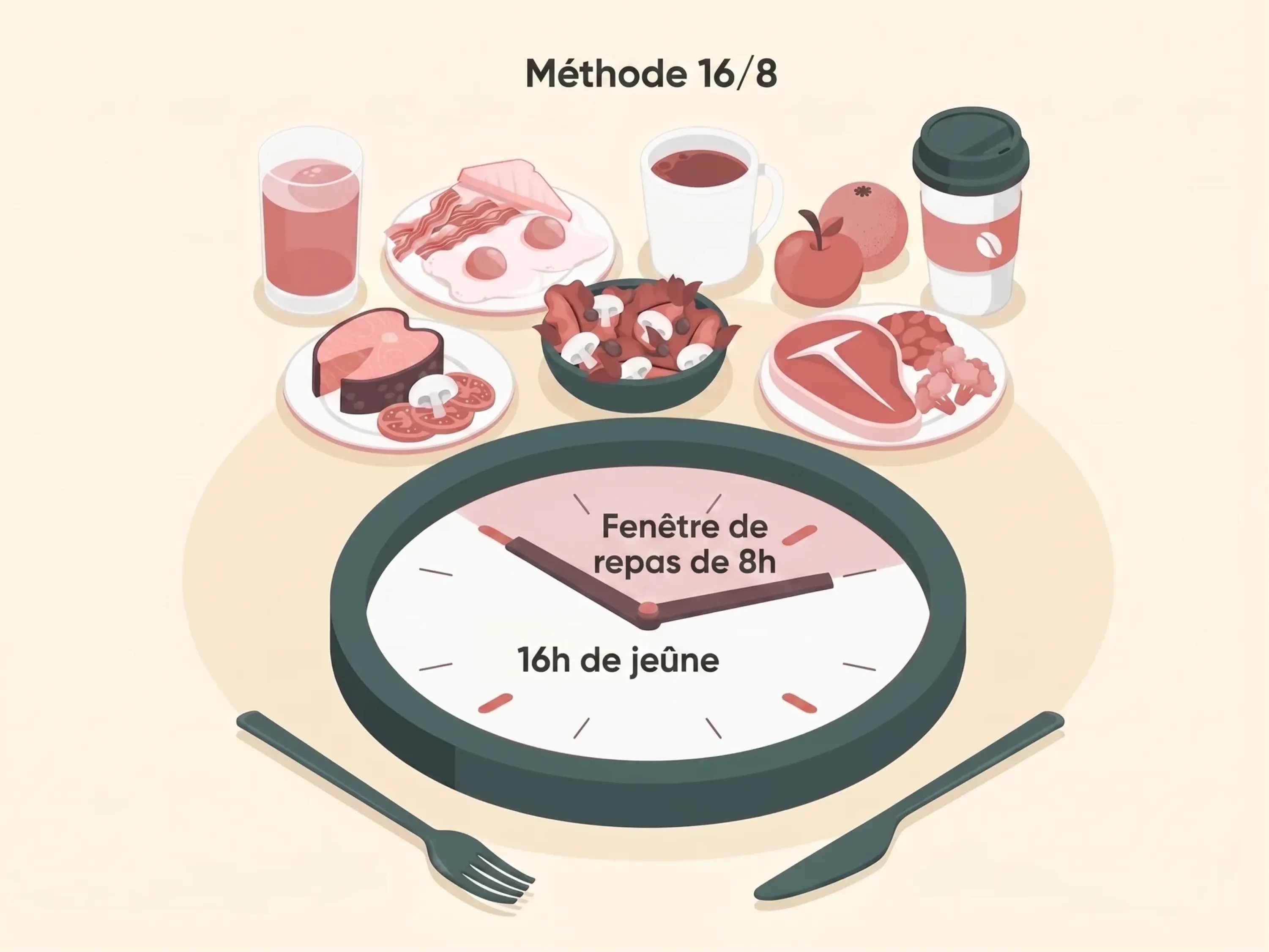 Illustration du jeûne intermittent 16/8 : une horloge montre 16 heures de jeûne et une fenêtre de repas de 8 heures, entourée d’aliments.
