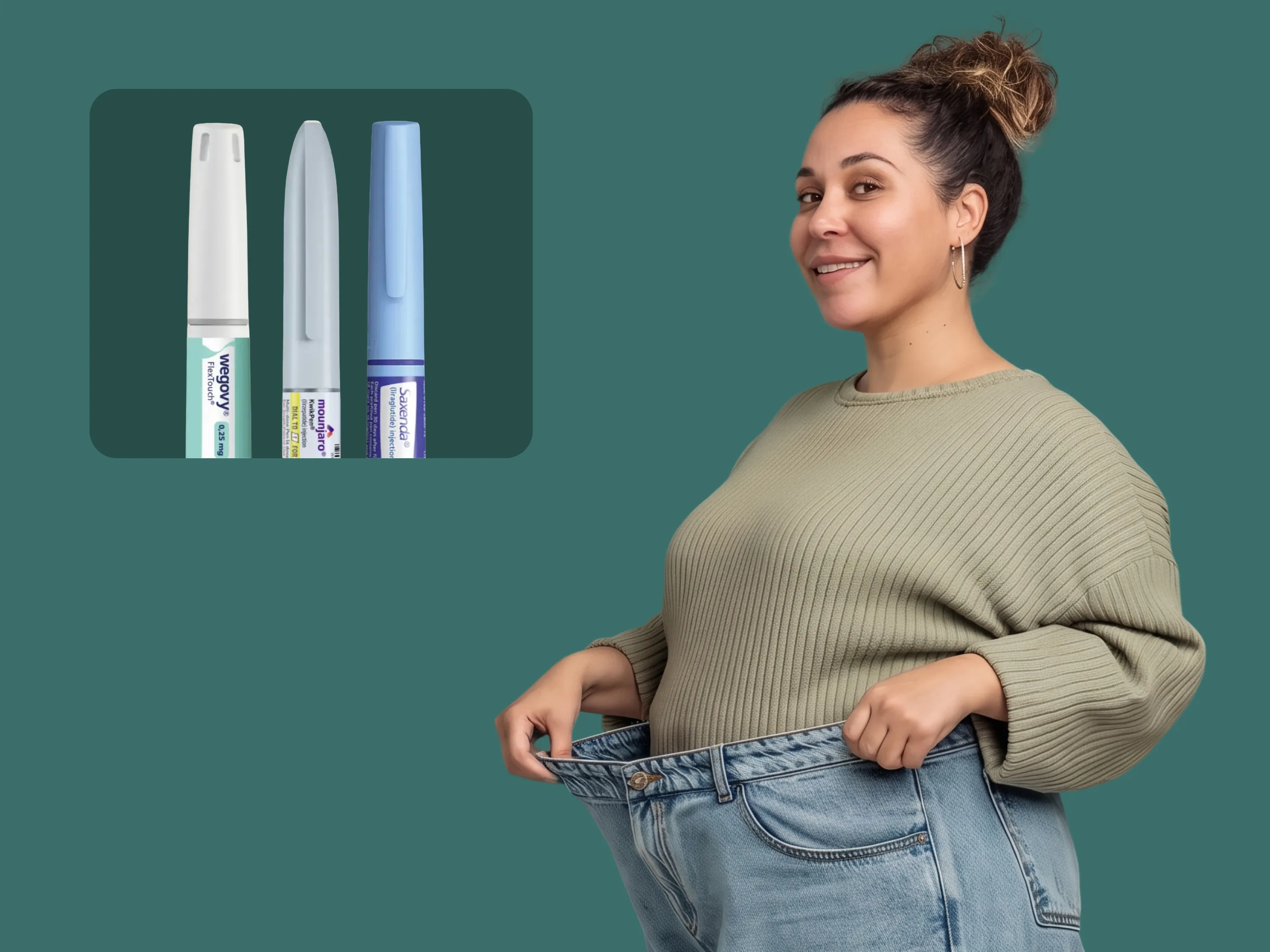 Trois stylos injectables (Wegovy, Mounjaro, Saxenda) sur fond vert, une femme souriante montrant son jean trop large.