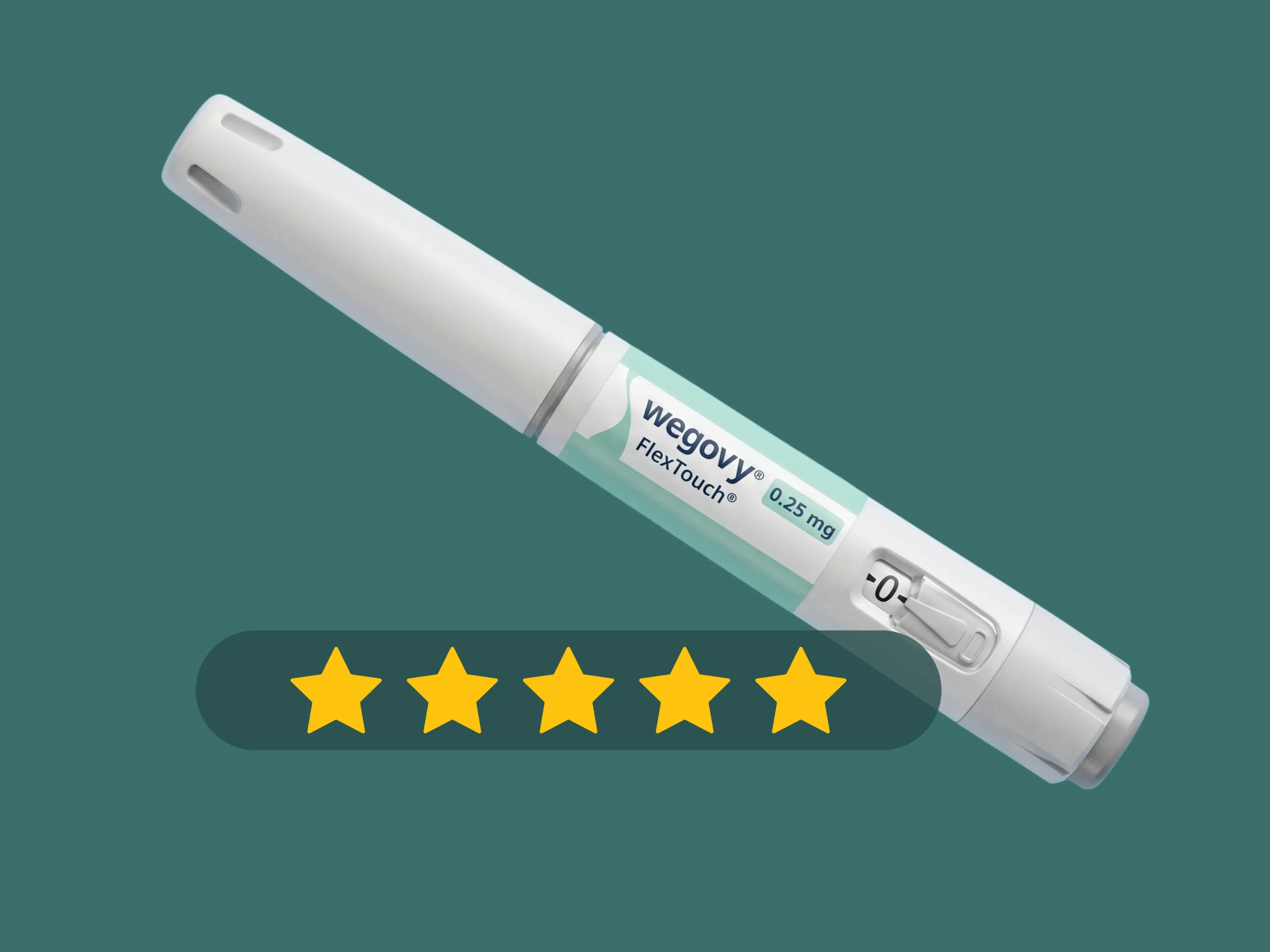 Cinq étoiles dorées placées devant un stylo injecteur Wegovy FlexTouch 0,25 mg incliné sur fond vert foncé.